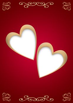 Two gold hearts with a white substrate on a stylish red background with an ornament