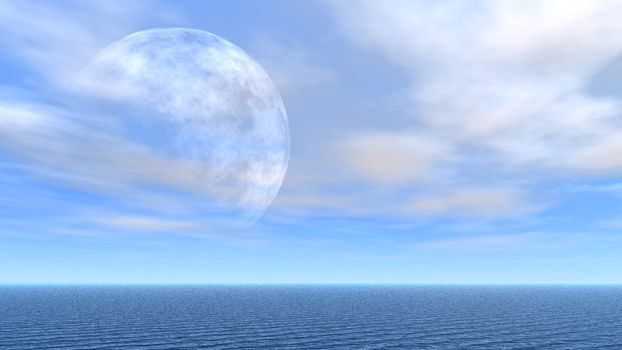 Outlines of the moon among the clear sky (above horizon of the sea)