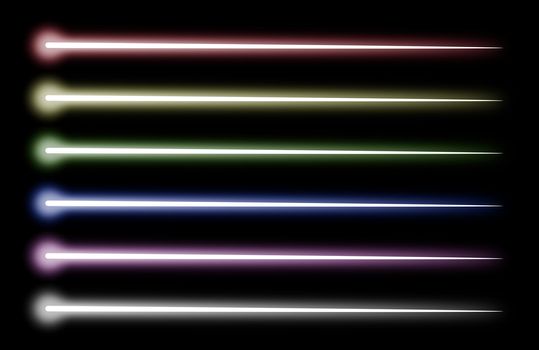 Set of beams of various colors completely isolated on a black background
