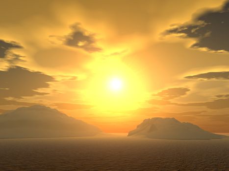 Sunset  in mountains (opened space with mountains in a fog on a background of the coming sun)