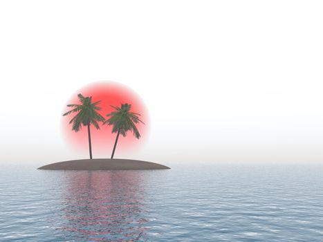 Island with palm trees on a background of the red sun and separately from the sky (the white sky)