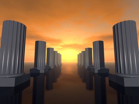 Sunset on a background of futuristic columns leaving afar located on a smooth surface (30mm)