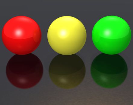 Three metal spheres - color - red, greeen, yellow