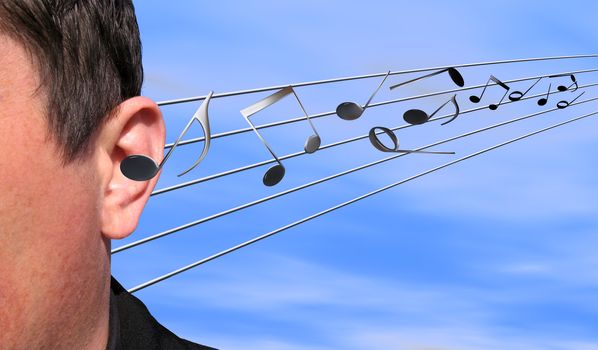 Musical notes flying in an ear