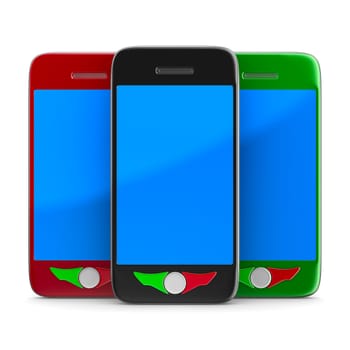 Three phone on white background. Isolated 3D image