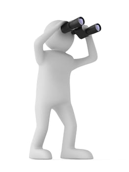 man with binocular on white background. Isolated 3d image