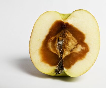 stinky apple devided. rotten from the inside