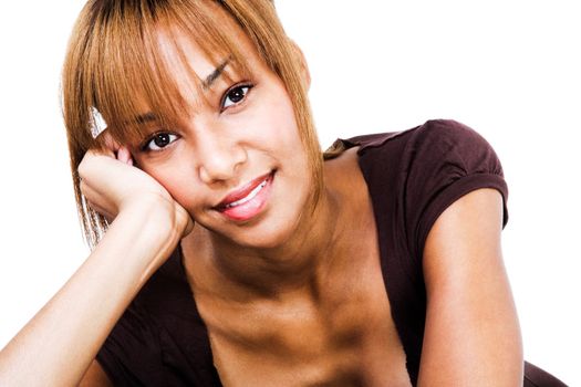 Portrait of a young woman day dreaming isolated over white
