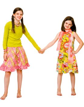 Caucasian girls holding their hands and smiling isolated over white