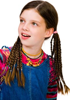 Close-up of a girl day dreaming and smiling isolated over white