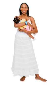 Woman carrying her daughter and smiling isolated over white