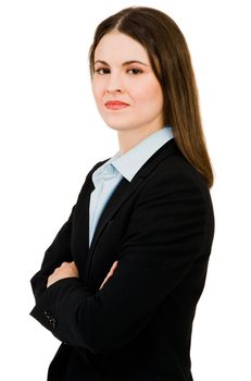 Smirking businesswoman posing isolated over white