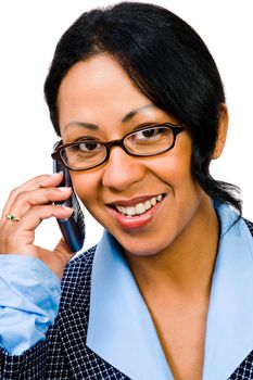 Confident businesswoman talking on a mobile phone isolated over white