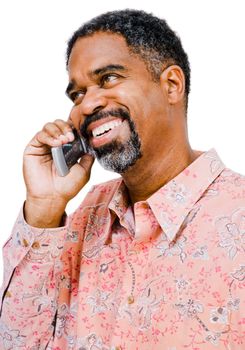 African American man talking on a mobile phone isolated over white