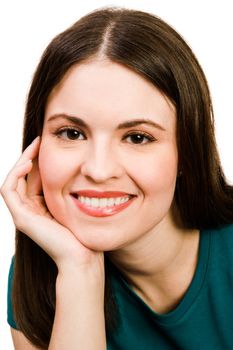 Beautiful young woman smiling isolated over white