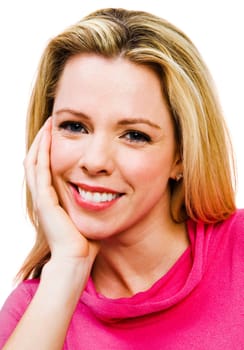 Portrait of a mid adult woman posing and smiling isolated over white