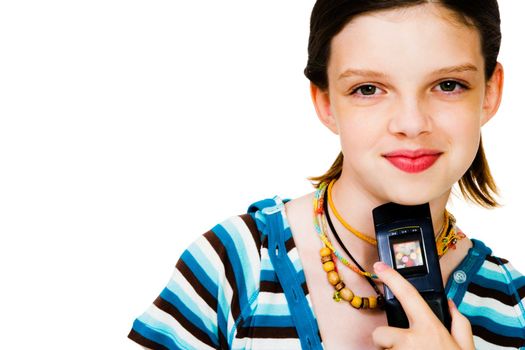 Close-up of a girl holding a mobile phone isolated over white