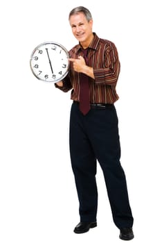 Portrait of a businessman showing a clock isolated over white