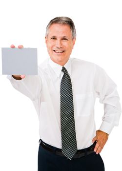 Close-up of a businessman showing a placard isolated over white