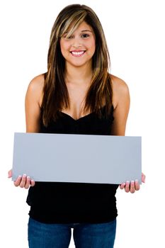 Smiling woman showing a blank placard isolated over white