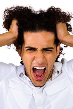Angry man shouting and posing isolated over white