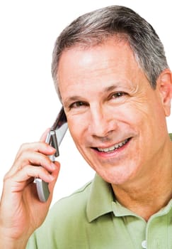 Smiling man talking on a mobile phone isolated over white