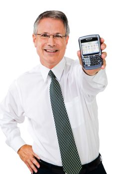 Businessman showing a pda and smiling isolated over white