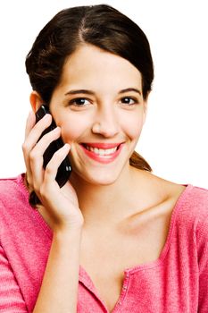 Caucasian woman talking on a mobile phone isolated over white