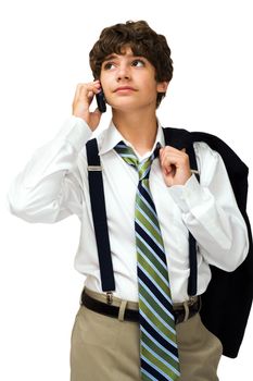 Caucasian boy talking on a mobile phone isolated over white