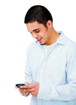 Latin American man using a mobile phone isolated over white