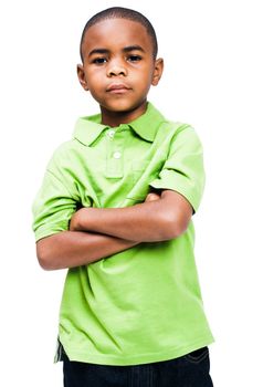 African boy standing with his arms crossed isolated over white