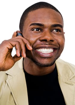 Smiling man talking on a mobile phone isolated over white