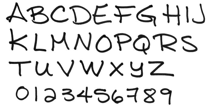 Complete alphabet handwritten in capital letters with numbers, in black ink marker on paper with great material details.