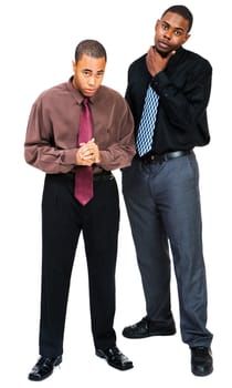 Portrait of two businessmen posing together isolated over white