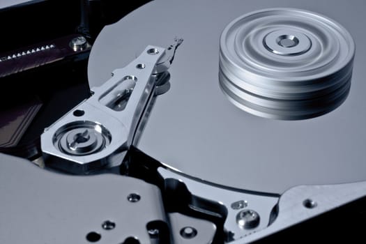 hard disk with rotating platter. read write head without blur