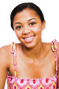 Teenage girl smiling isolated over white