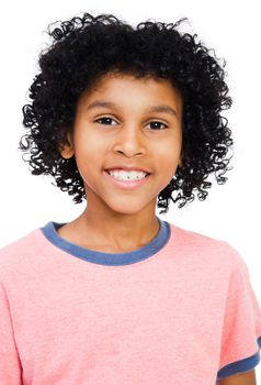 Mixed race boy smiling isolated over white