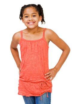 Child standing and smiling isolated over white