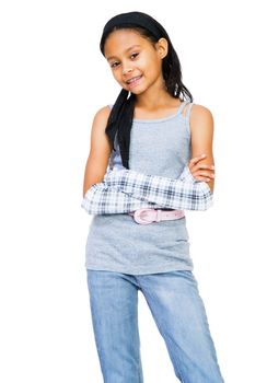 Girl standing and smiling isolated over white