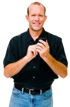 Mature man text messaging on a mobile phone isolated over white