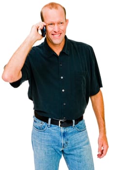 Smiling man talking on a mobile phone isolated over white