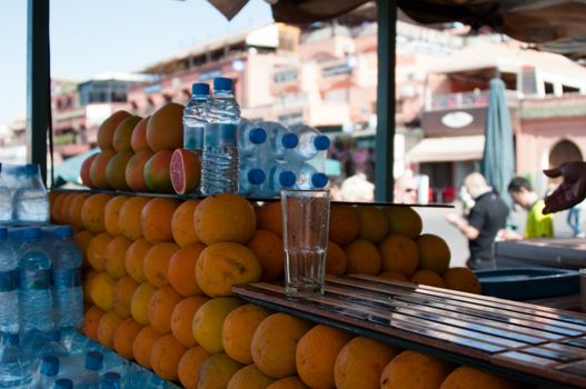 Oranges on display in orange juice sellers stall in Jemaa el Fna, Marrakech, Morocco