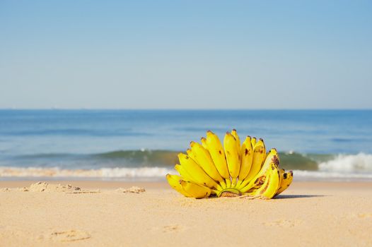 Bunch of bananas on the sand at the sea