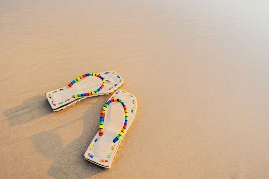 Beach sandals on the sandy sea coast