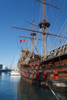 old Spanish galleon moored in Genova harbor, Italy