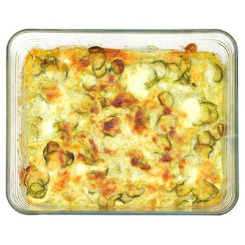 Detail of courgettes (zucchini) omelette vegetarian food - isolated over white background
