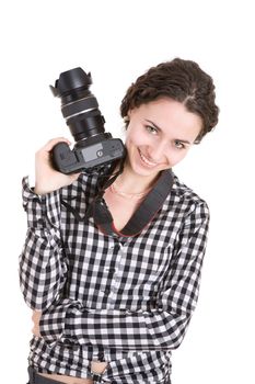 beautiful girl holding a photo camera. Isolated over white background