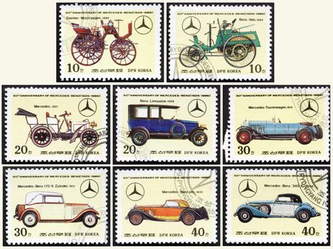 KOREA - CIRCA 1986: a stamps printed by KOREA. Shows set cars olden Mersedes. Circa 1986
