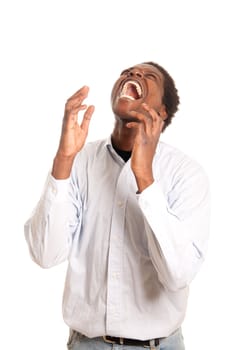 a dark skinned man shouting while beeing very frustrated