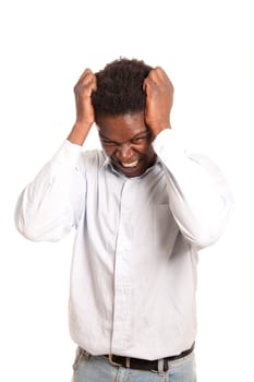 a dark skinned man posing frustrated with hand in the hair